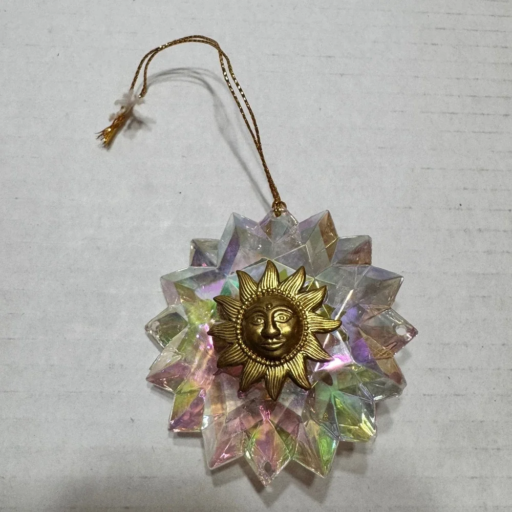 Celestial Sun Face Ornament Iridescent Prismatic Star Gold Double Sided 3.5in